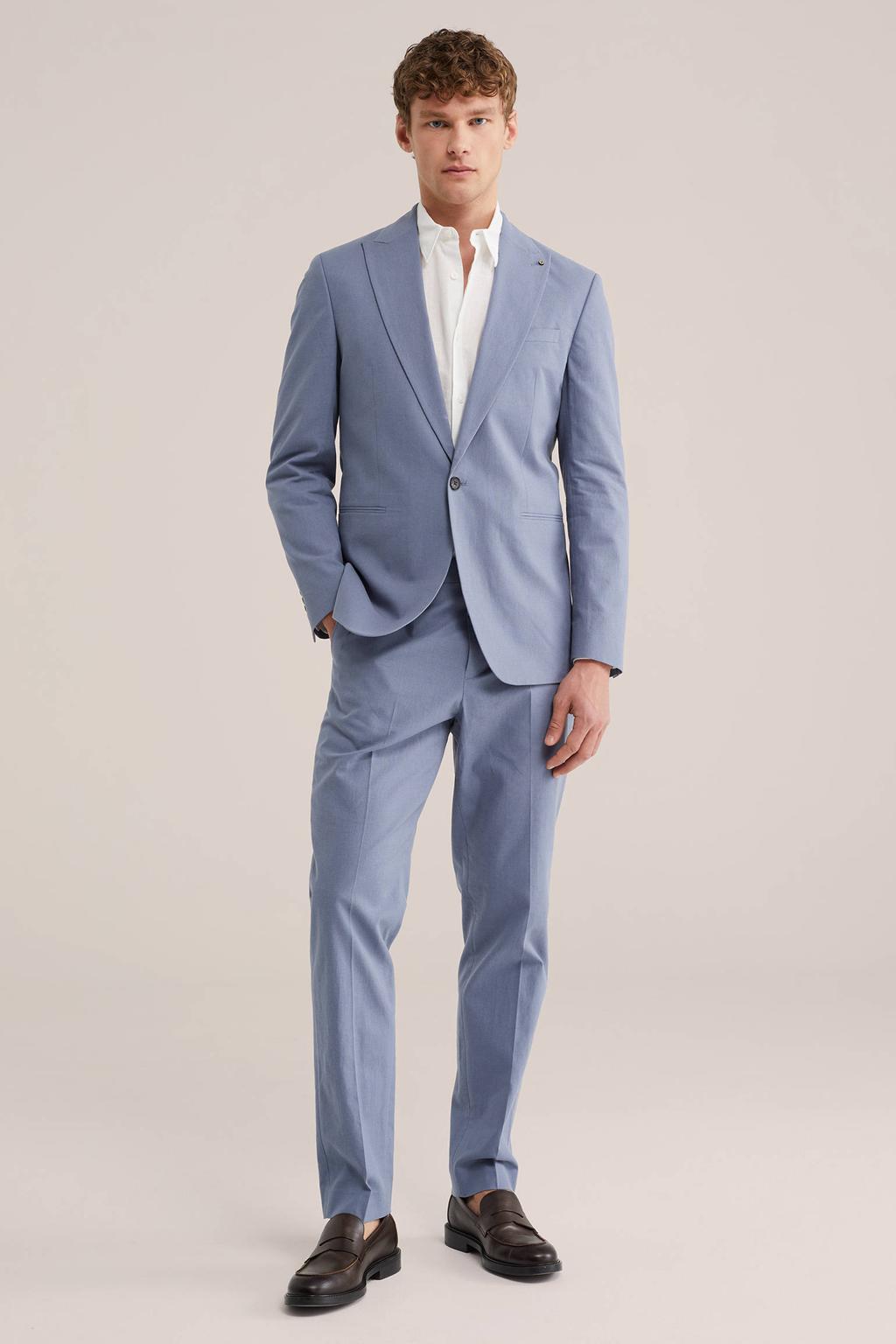Blauwe heren WE Fashion colbert van katoen met effen, reverskraag en knoopsluiting