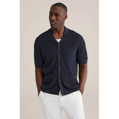 WE Fashion regular casual overhemd met ingebreid patroon donkerblauw afbeelding