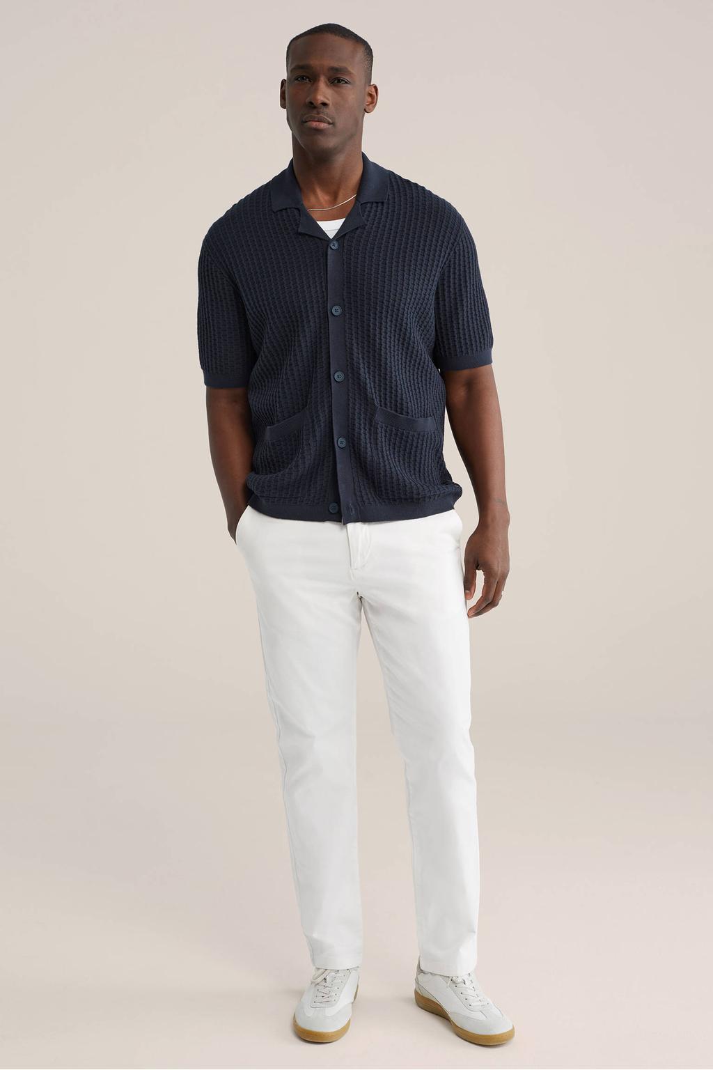 Donkerblauwe heren WE Fashion regular casual overhemd patroon met effen, korte mouwen, reverskraag, knoopsluiting en geribde boorden