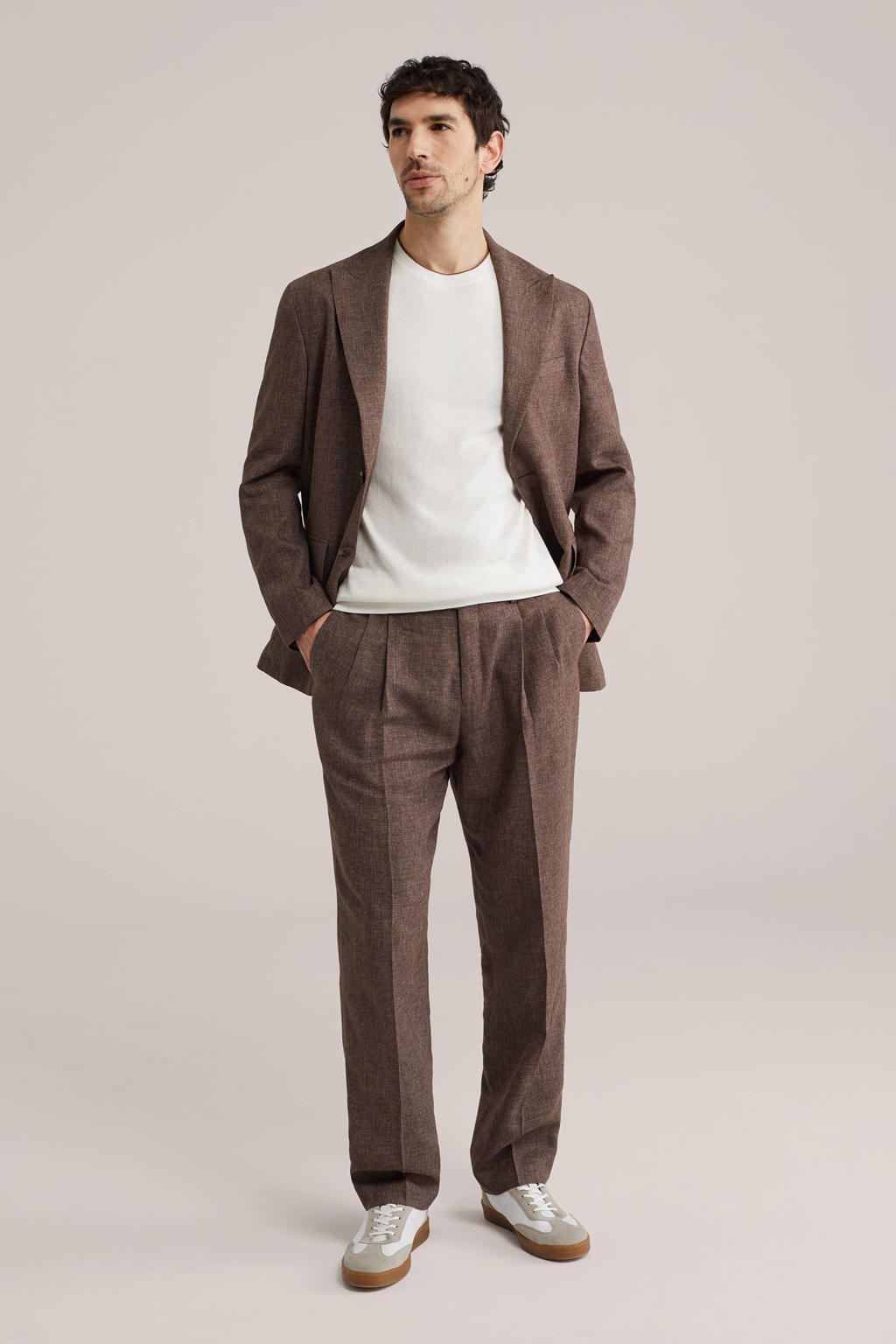 Bruine heren WE Fashion colbert van linnen met effen, reverskraag en knoopsluiting