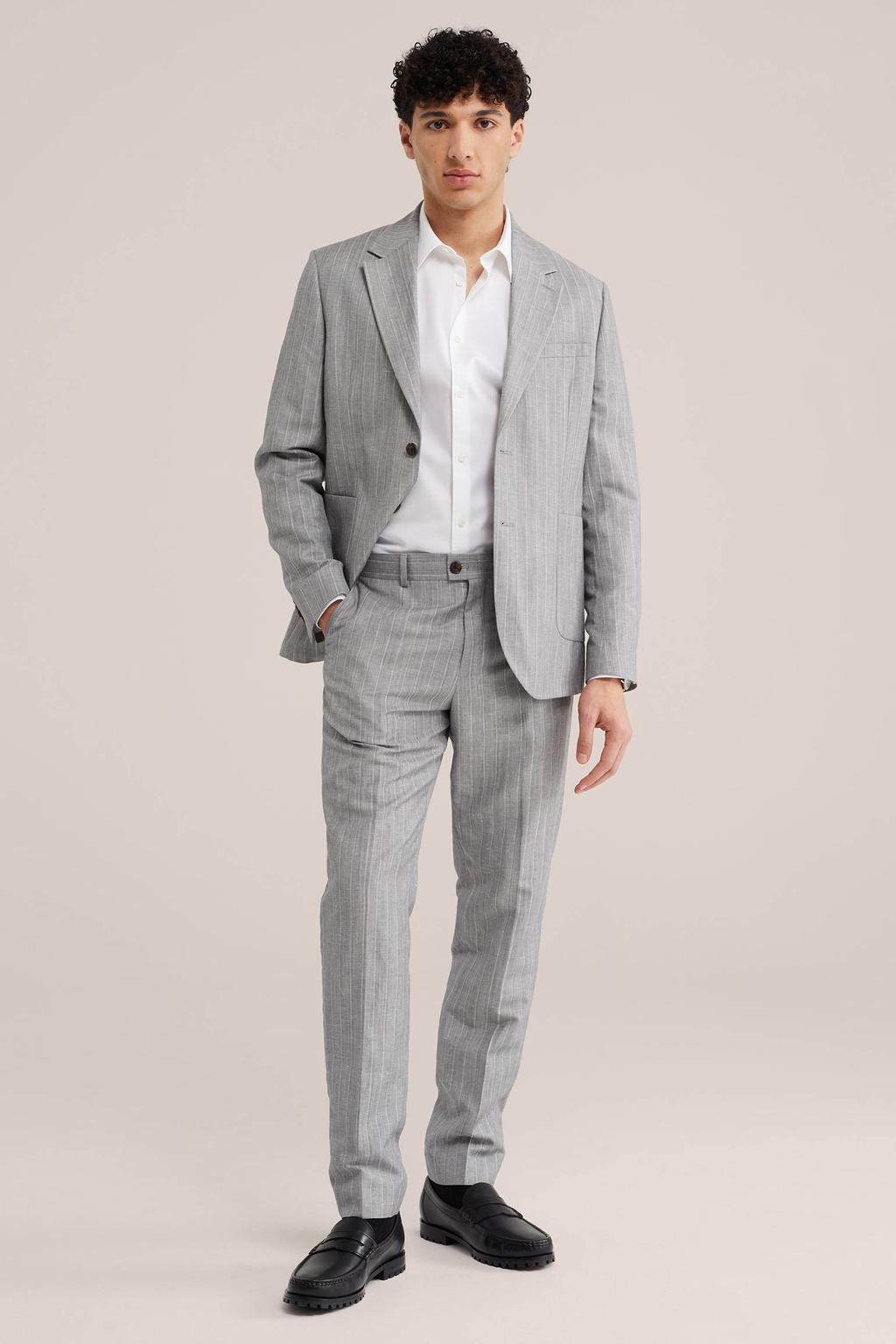 Grijze heren WE Fashion gestreepte colbert van linnen met reverskraag en knoopsluiting