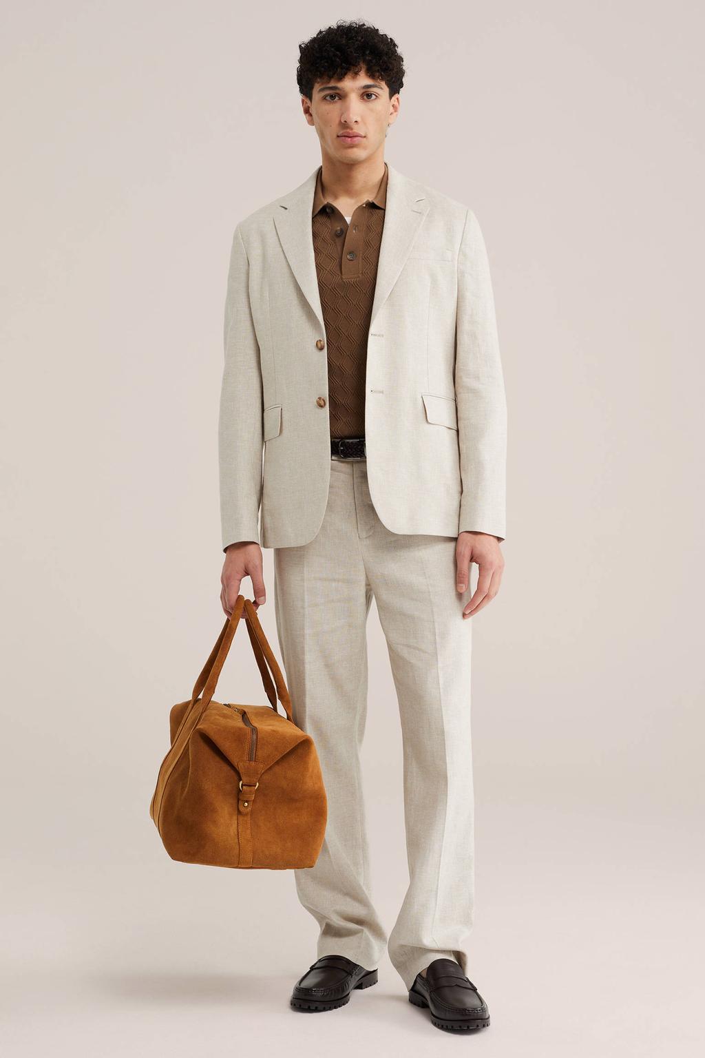 Ecru heren WE Fashion colbert van linnen met effen, reverskraag en knoopsluiting