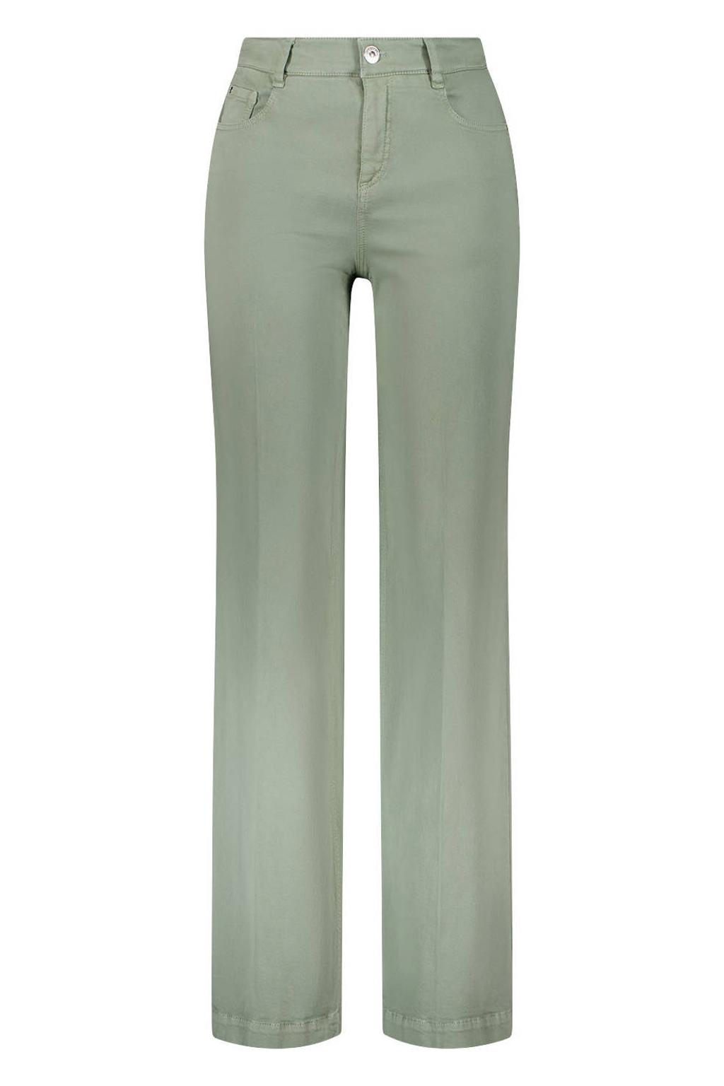 Kakikleurige dames gardeur straight regular waist broek van denim met rits- en knoopsluiting en effen