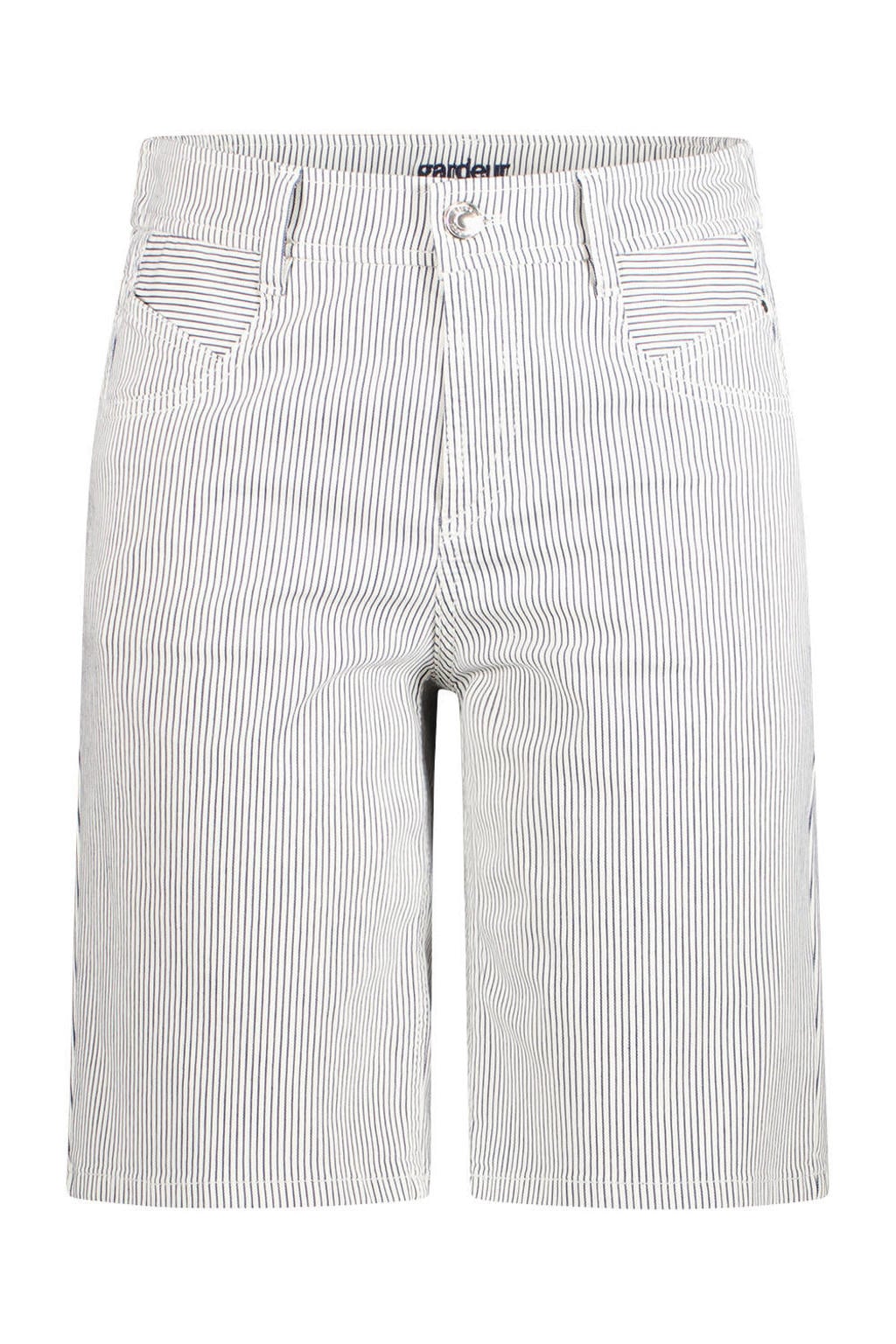 Blauw en ecru dames gardeur slim regular waist bermuda short van denim met krijtstreepprint