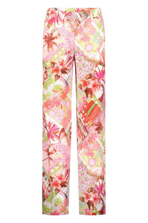 denim casual broek met all over print roze