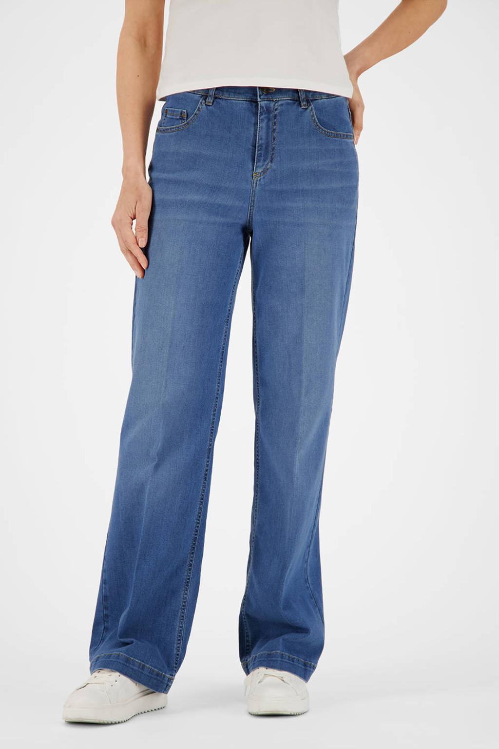 Blauwe dames gardeur high waist wide leg jeans van denim met rits, haak- en knoopsluiting en effen
