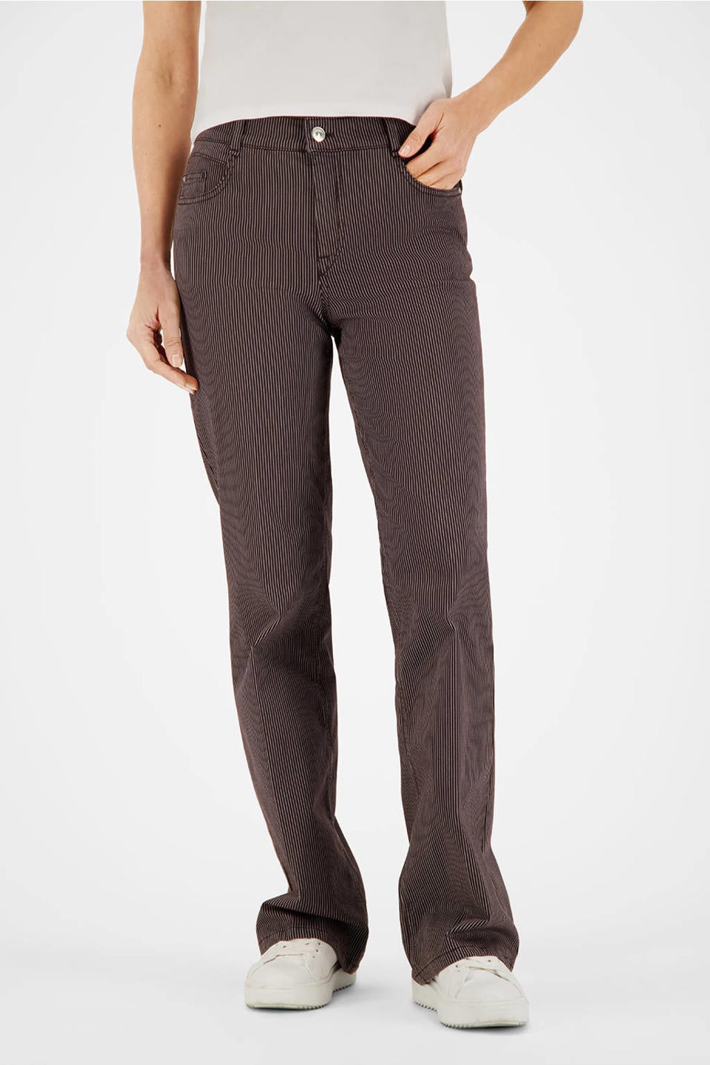 Donkerbruin en witte dames gardeur flared jeans van denim met regular waist, rits- en knoopsluiting en krijtstreepprint