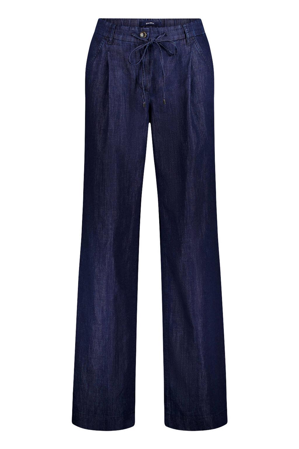 Dark blue denim dames gardeur wide leg broek dark blue van denim met elastische tailleband met koord en effen