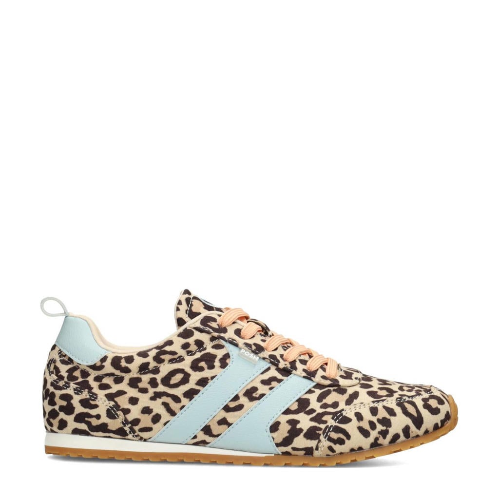 Beige, zwart en lichtblauwe dames POSH by Poelman Maxine sneakers van suèdelook met veters en panterprint