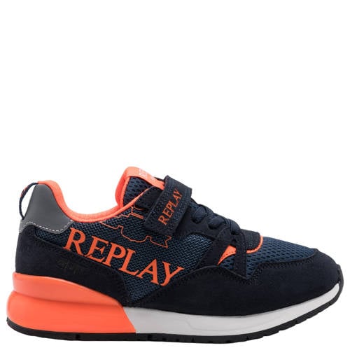 REPLAY Shoot JR suede sneakers donkerblauw/neon oranje