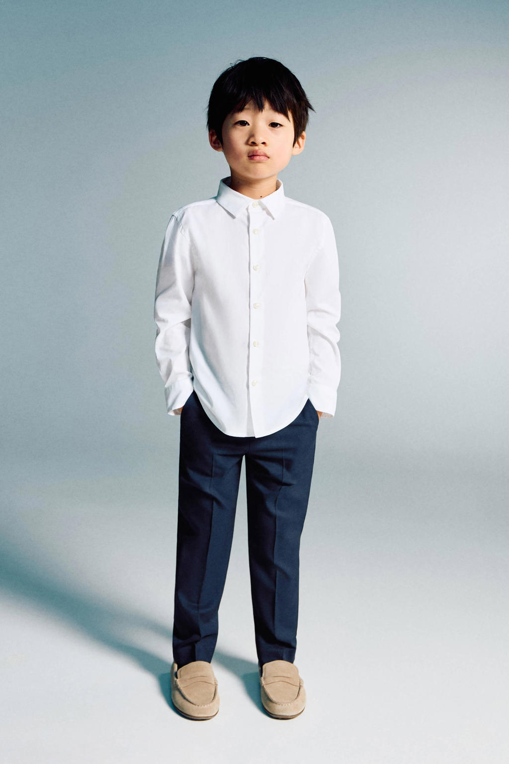Donkerblauwe jongens Mango Kids chino van polyester met rits- en knoopsluiting en effen