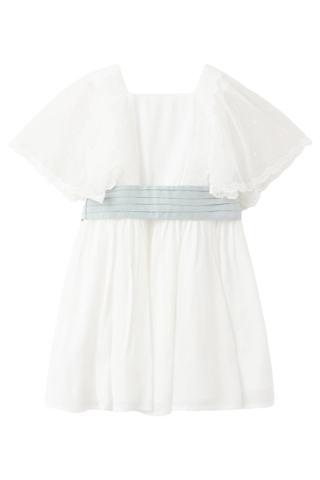 Witte meisjes Mango Kids korte jurk van viscose met effen, korte mouwen, vierkante hals, knoopsluiting en kant