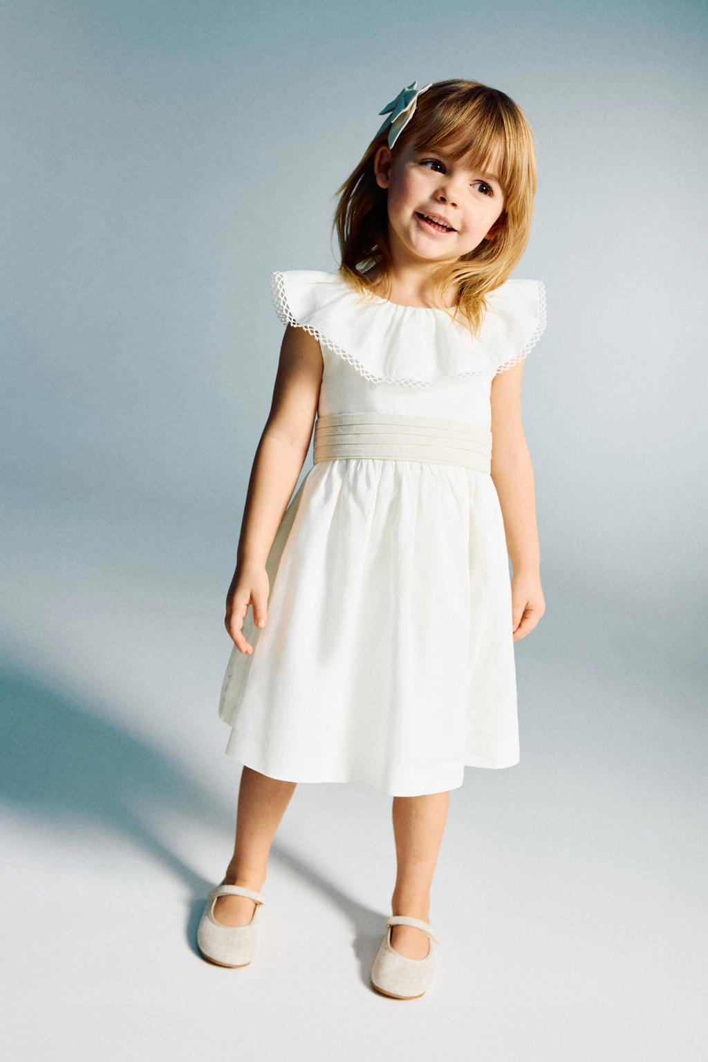 Witte meisjes Mango Kids linnen zomerjurk met effen, korte mouwen, ronde hals en kant