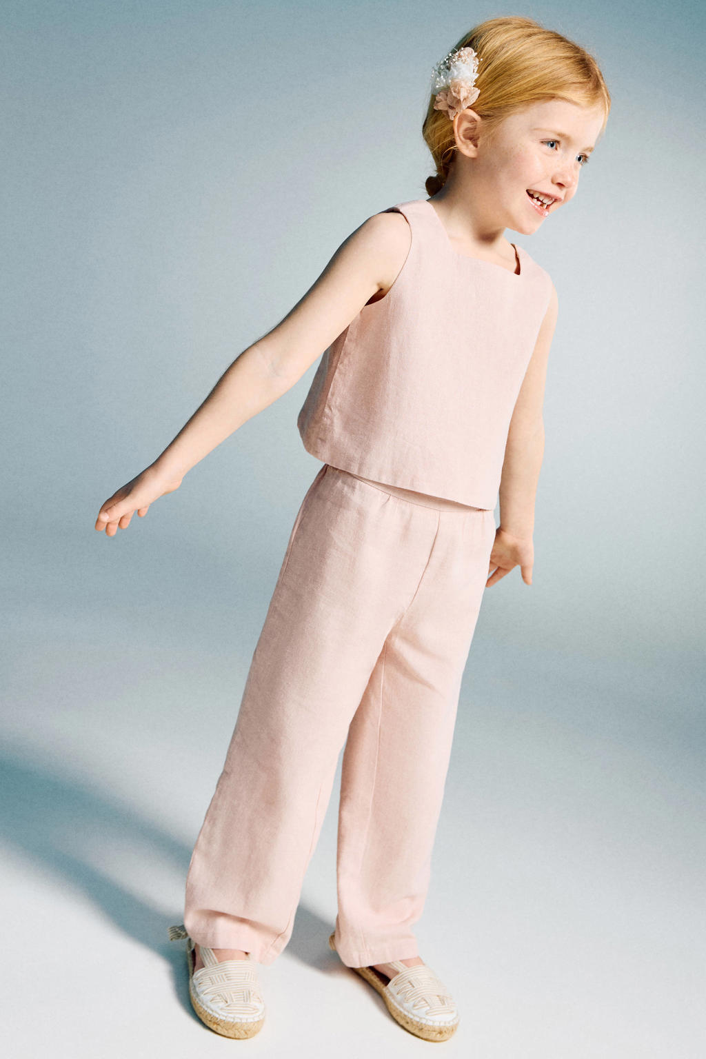 Lichtroze meisjes Mango Kids linnen mouwloze top met effen, vierkante hals en overslag detail