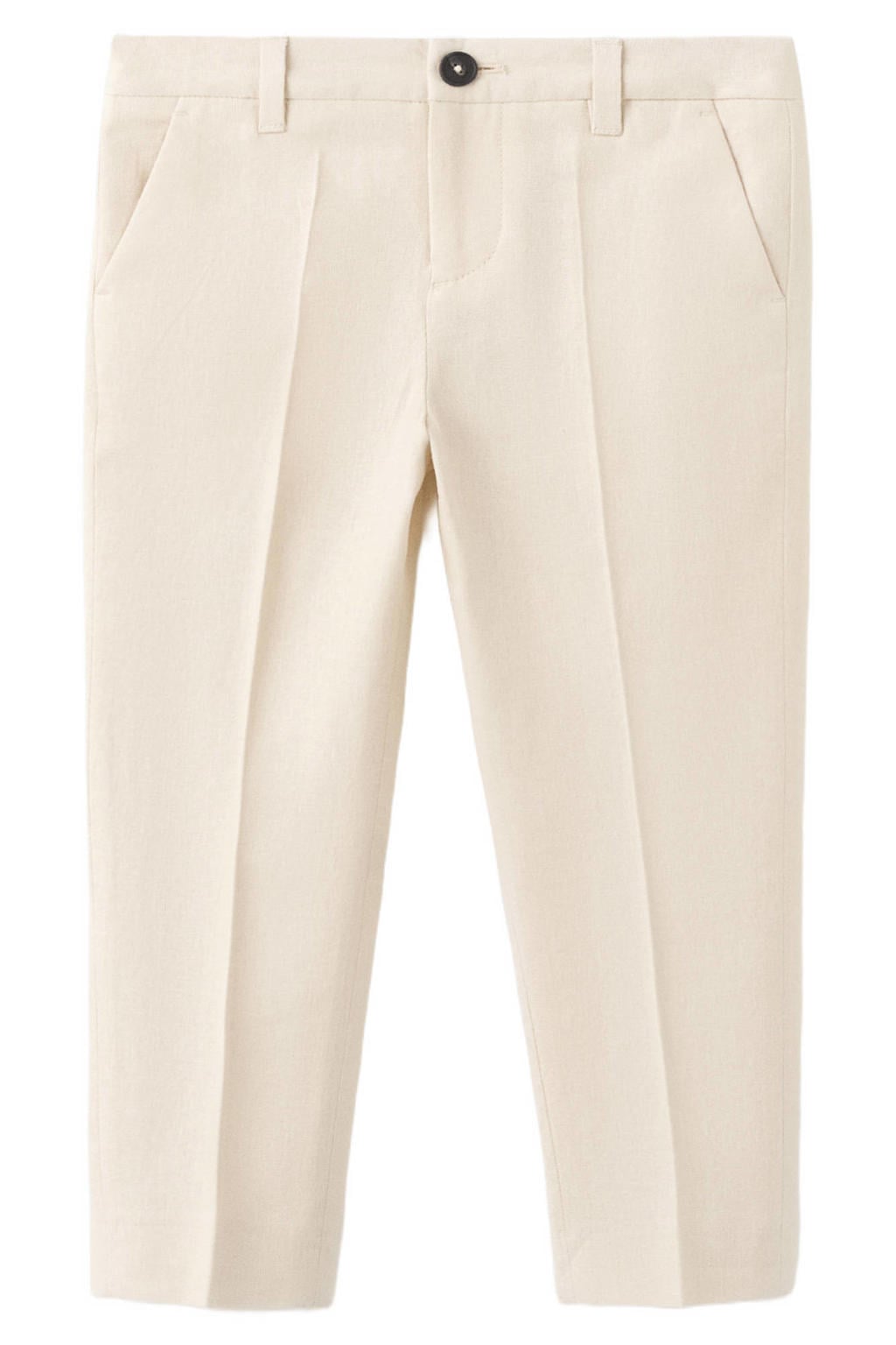 Ecru jongens Mango Kids linnen chino met rits- en knoopsluiting en effen