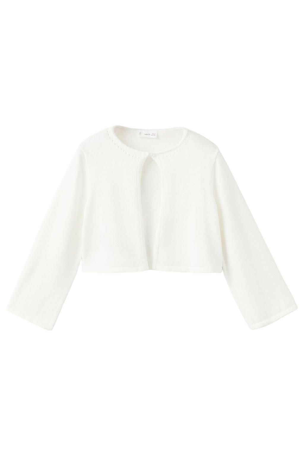 Ecru meisjes Mango Kids bolero fijn gebreid van katoen met effen, lange mouwen, ronde hals en knoopsluiting