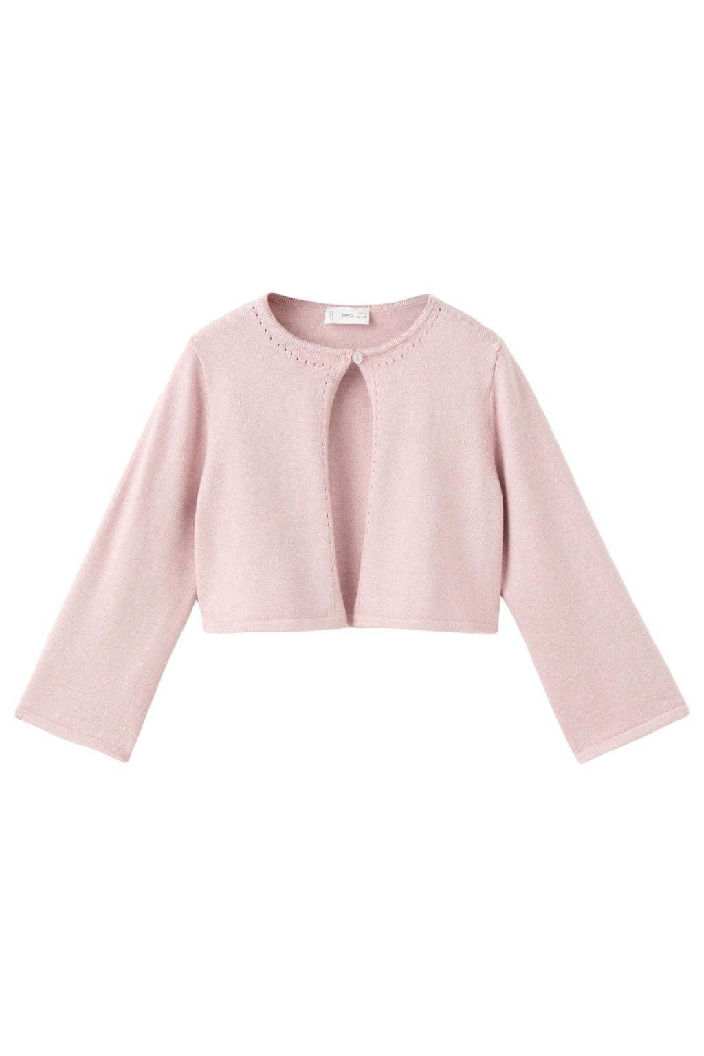 Lichtroze meisjes Mango Kids bolero fijn gebreid van katoen met effen, lange mouwen, ronde hals en knoopsluiting