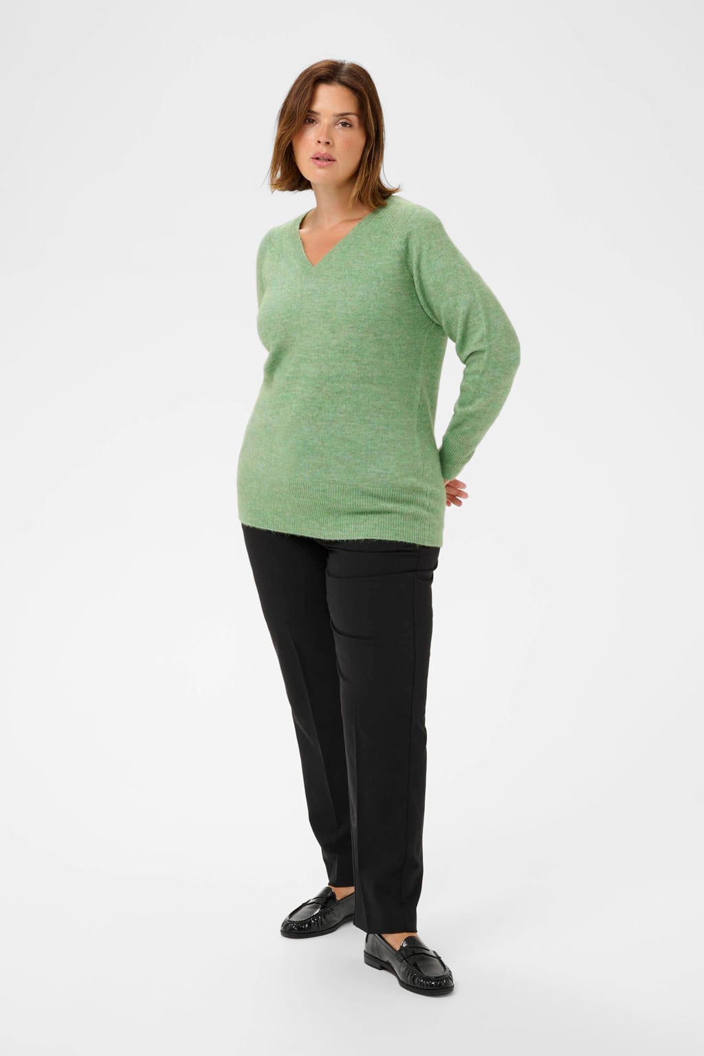 Groene dames Kaffe Curve pullover van wol met effen, lange mouwen en V-hals