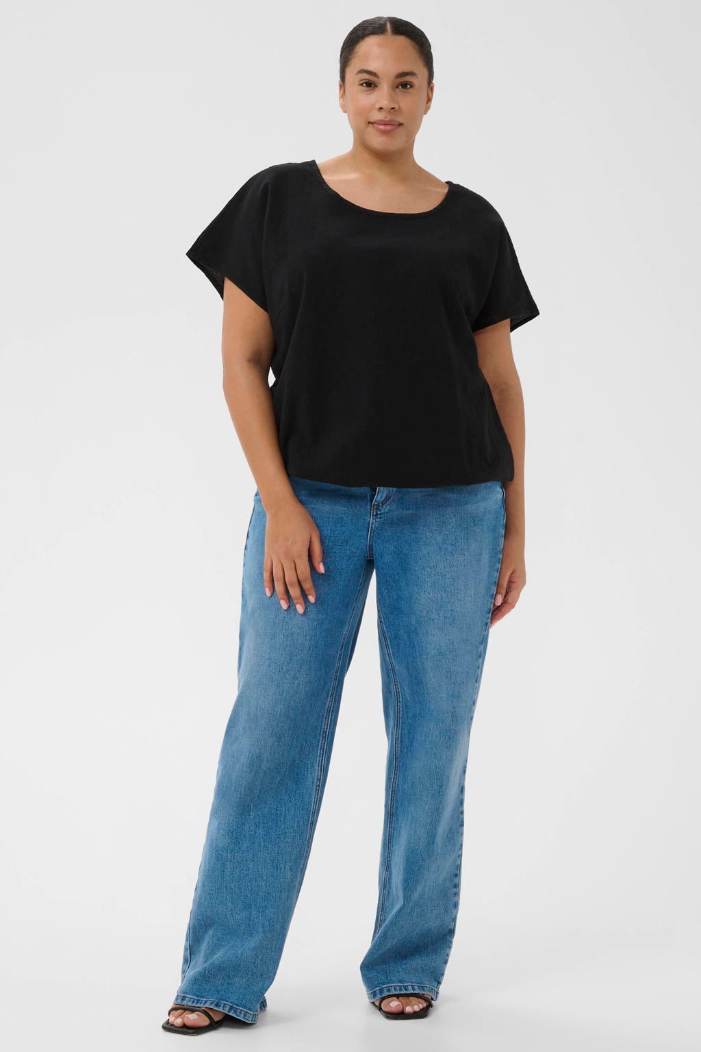 Zwarte dames Kaffe Curve T-shirt van katoen met effen, korte mouwen en ronde hals