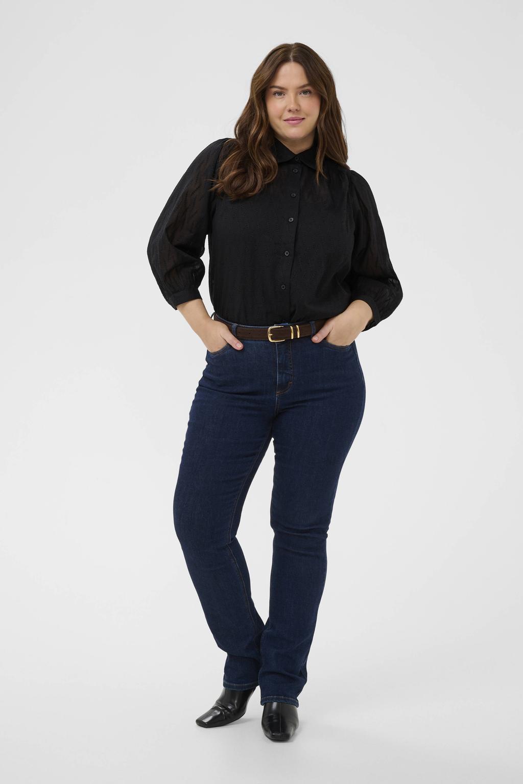 Zwarte dames Kaffe Curve blouse van katoen met driekwart mouwen, klassieke kraag en knoopsluiting