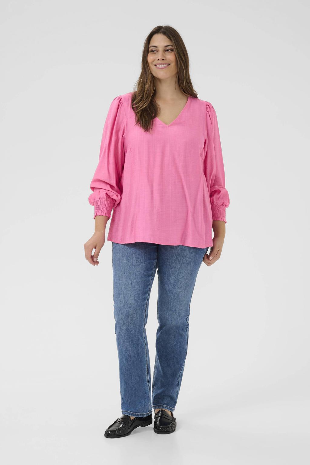 Roze dames Kaffe Curve top van viscose met effen, lange mouwen en V-hals