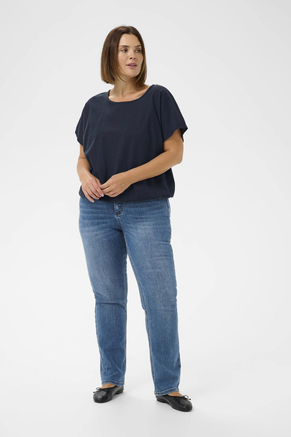 Donkerblauwe dames Kaffe Curve T-shirt van katoen met effen, korte mouwen en ronde hals