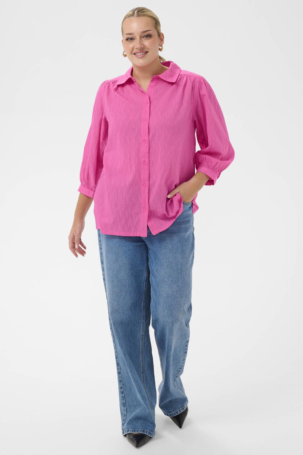Roze dames Kaffe Curve blouse van katoen met driekwart mouwen, klassieke kraag en knoopsluiting