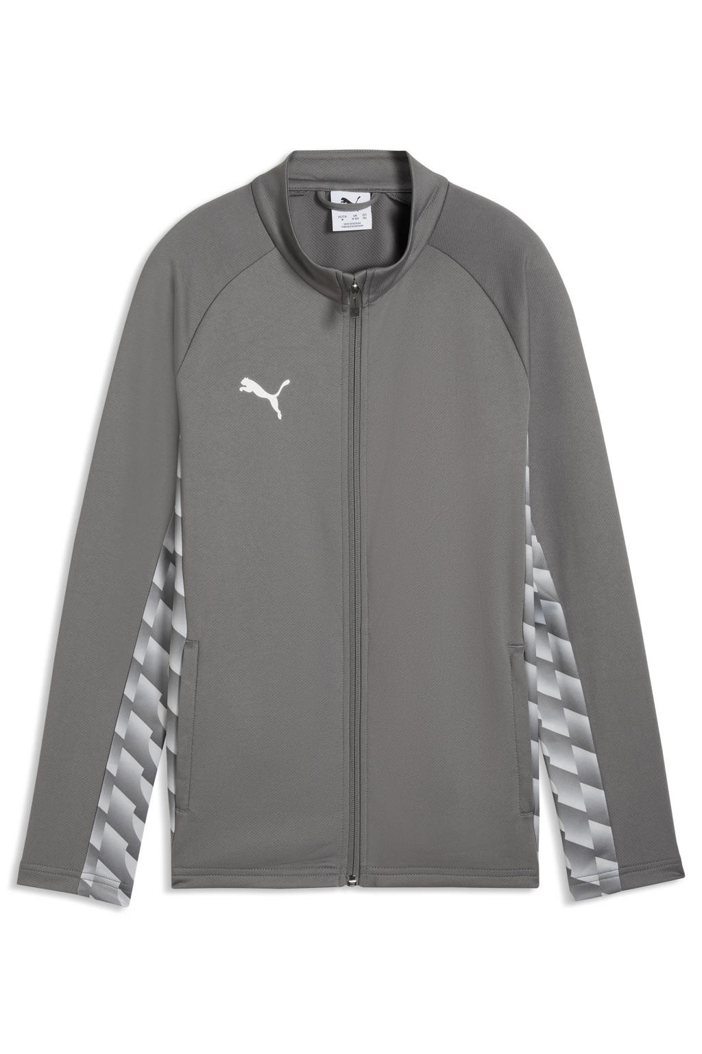 Grijze jongens en meisjes Puma Junior voetbaltrainingsjack van polyester met lange mouwen, ronde hals en ritssluiting