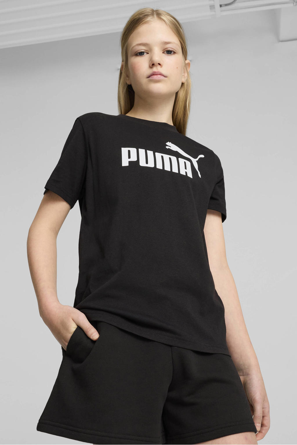 Zwart en witte meisjes Puma T-shirt van katoen met logo dessin, korte mouwen en ronde hals