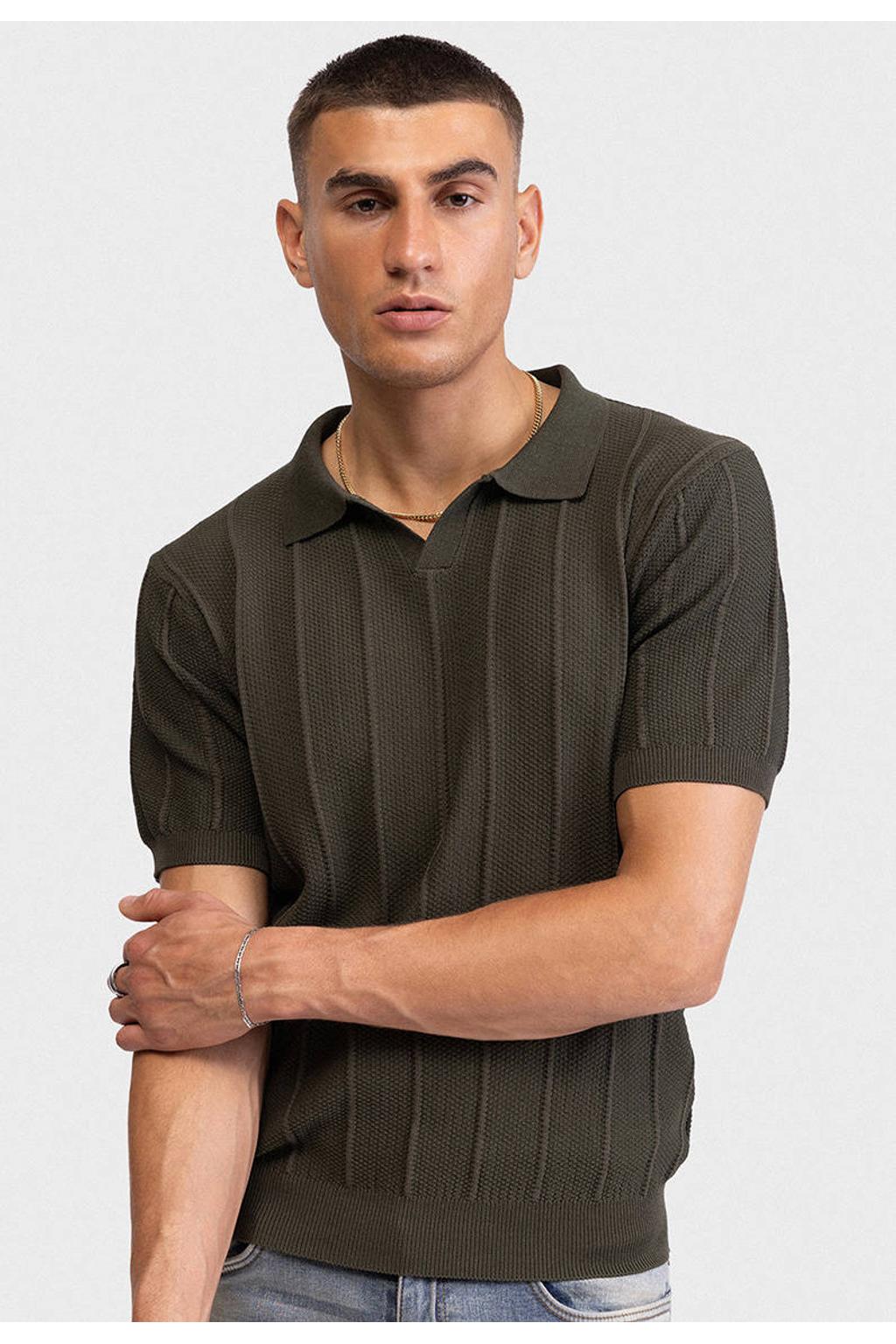 Donkergroene heren Redefined Rebel regular polo patroon van viscose met effen, korte mouwen en openvallende hals