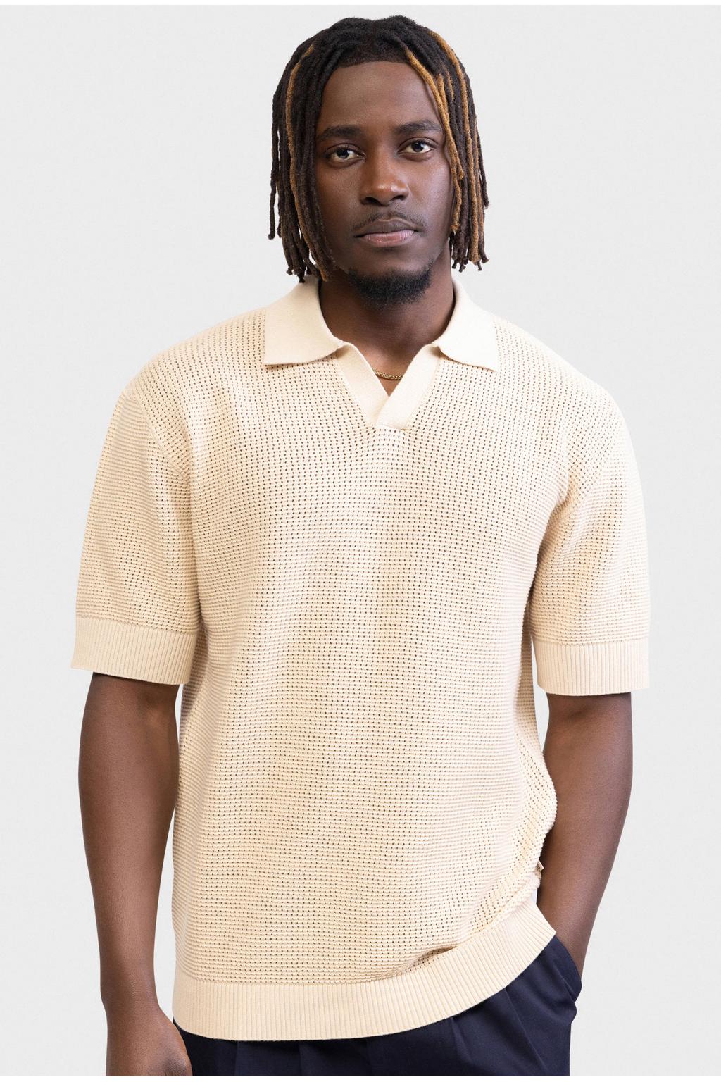 Ecru heren Redefined Rebel boxy polo gebreid van katoen met effen en korte mouwen
