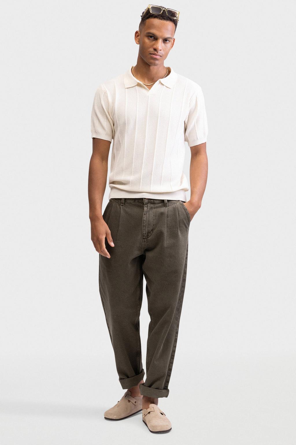 Ecru heren Redefined Rebel regular polo patroon van viscose met effen, korte mouwen en openvallende hals