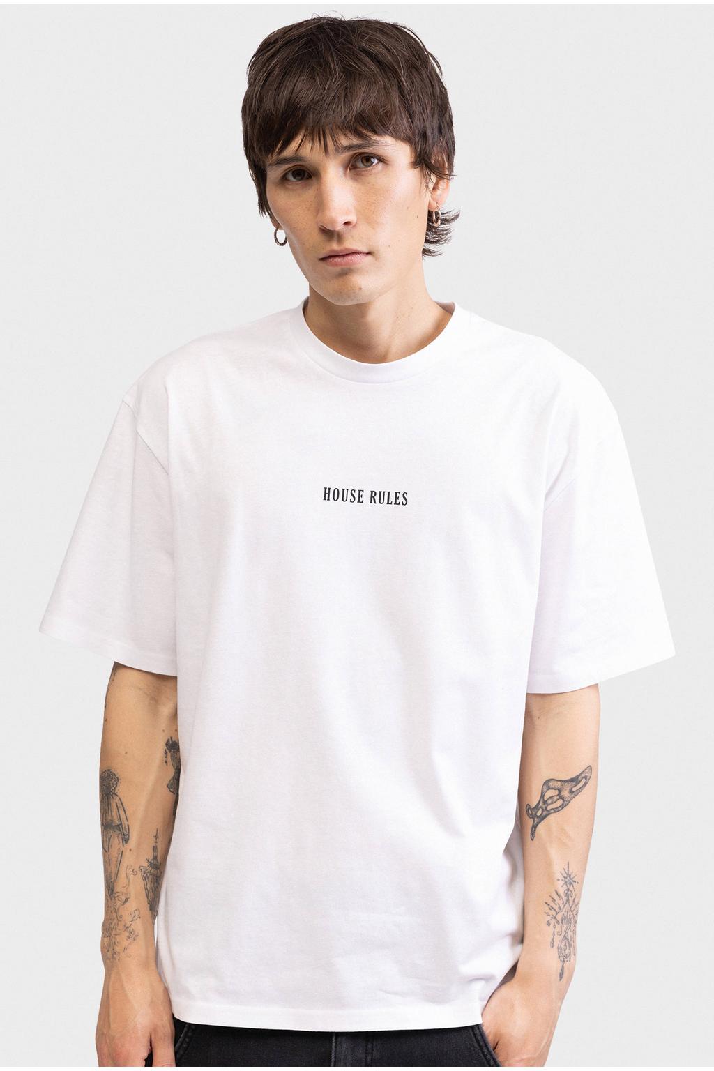 Witte heren Redefined Rebel boxy T-shirt van katoen met backprint, korte mouwen en ronde hals