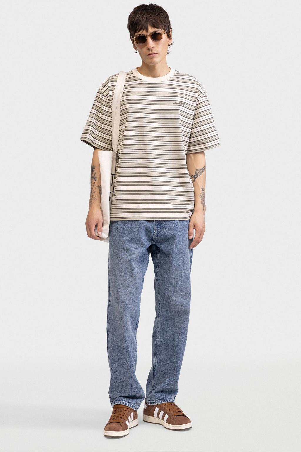 Beige heren Redefined Rebel boxy gestreepte T-shirt van katoen met korte mouwen en ronde hals