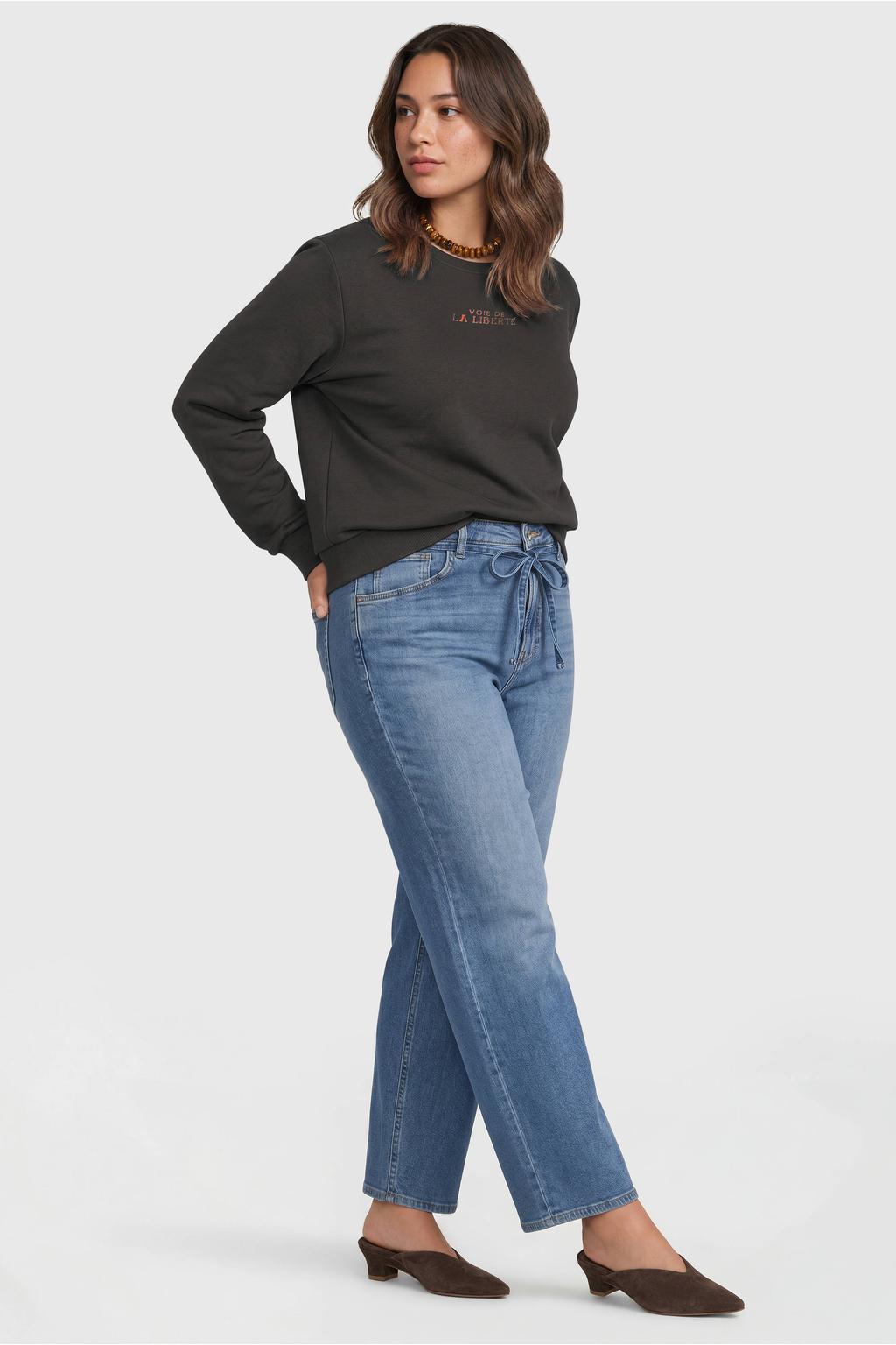 Antraciete dames ONLY CARMAKOMA sweater van katoen met printopdruk, lange mouwen en ronde hals