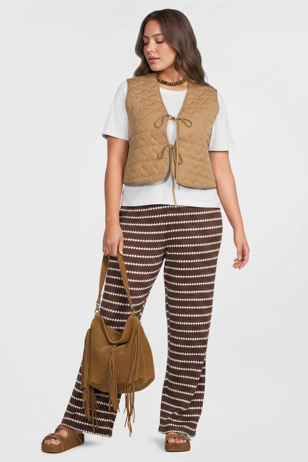 Beige dames ONLY CARMAKOMA gilet quilted van polyester met V-hals en trekkoorden