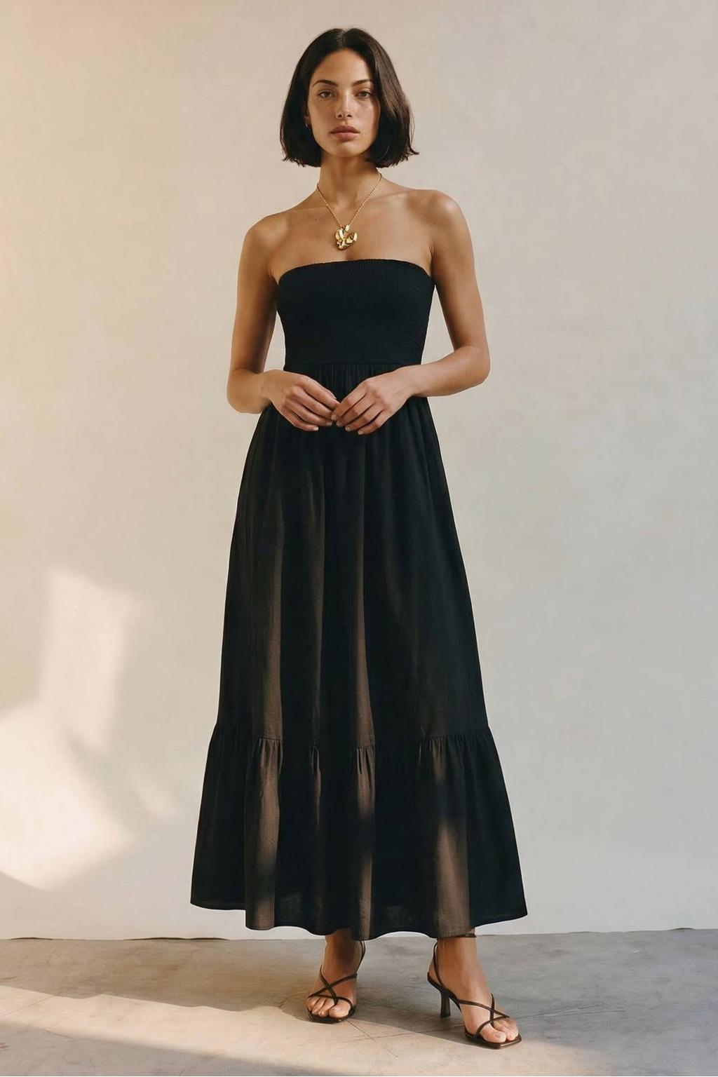 Zwarte dames AWARE maxi jurk van viscose met effen en strapless hals