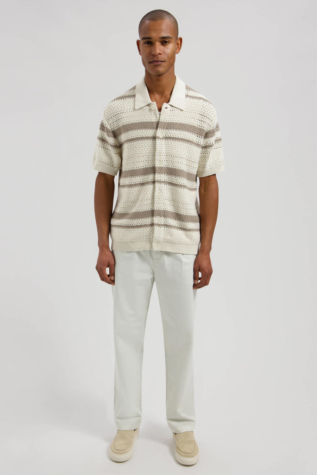 Beige heren Dstrezzed relaxed gestreepte casual overhemd gebreid van katoen met korte mouwen, klassieke kraag en knoopsluiting