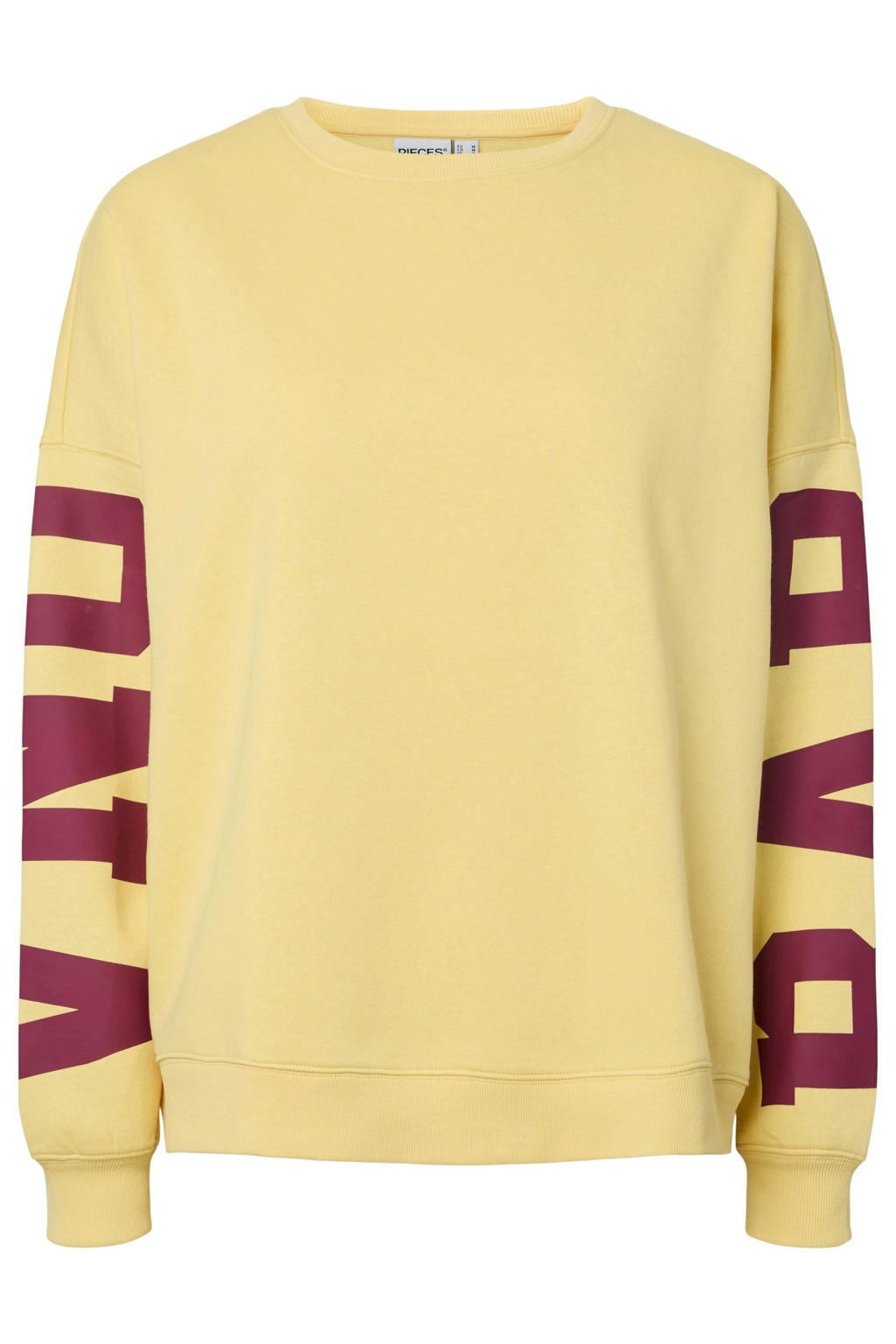 Geel en donkerrode dames PIECES Curve sweater met tekst print, lange mouwen en ronde hals