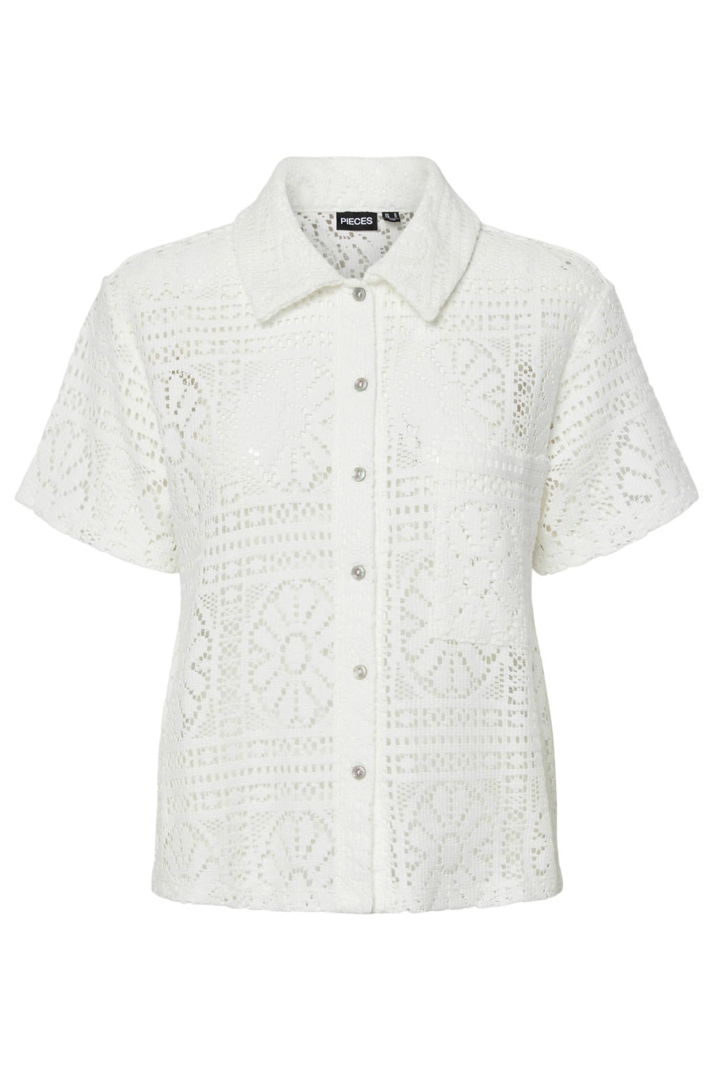 Witte dames PIECES Curve kanten blouse met effen, korte mouwen, klassieke kraag en knoopsluiting