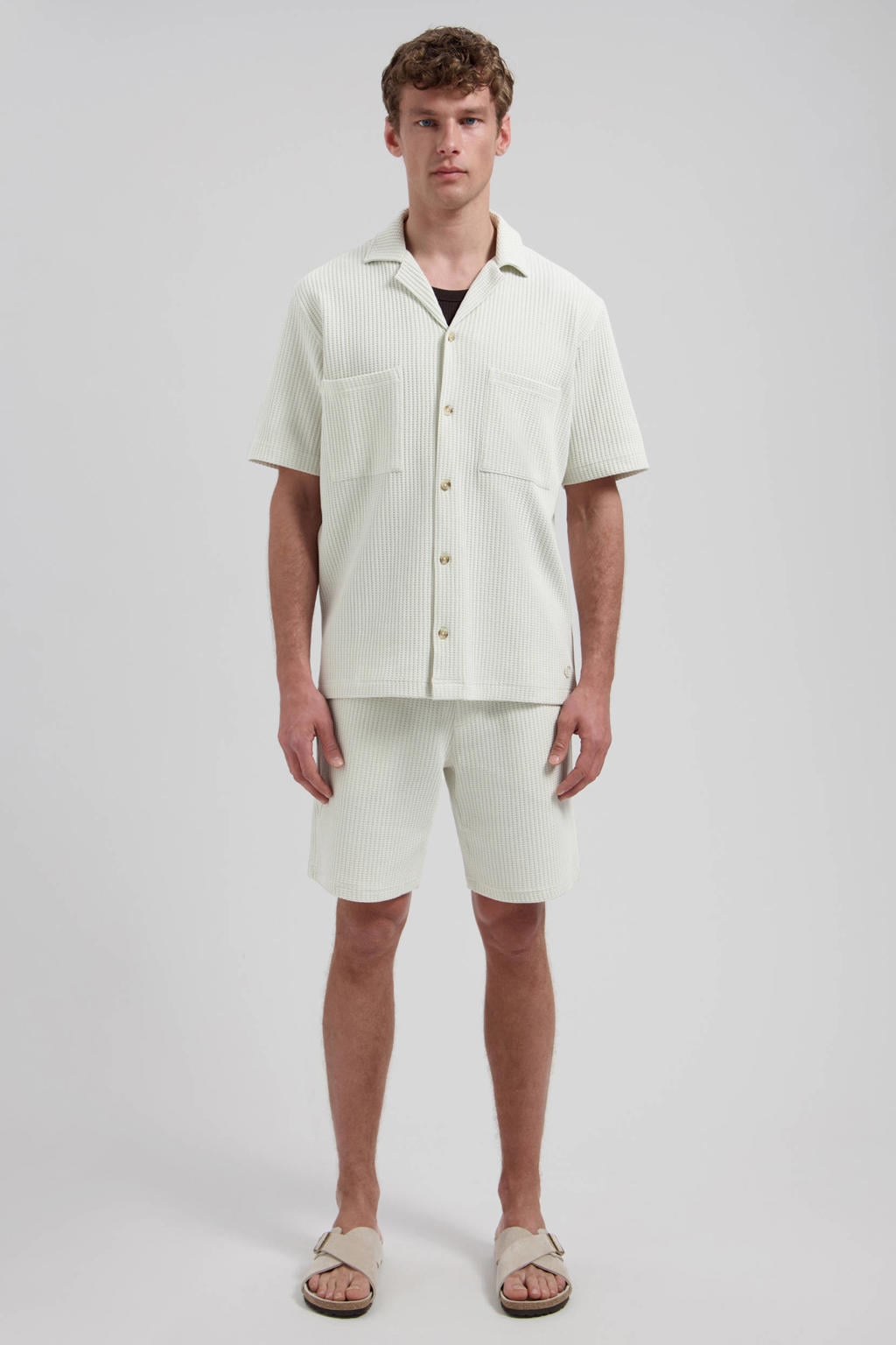 Ecru heren Dstrezzed overshirt van katoen met effen, korte mouwen, reverskraag, knoopsluiting en wafel