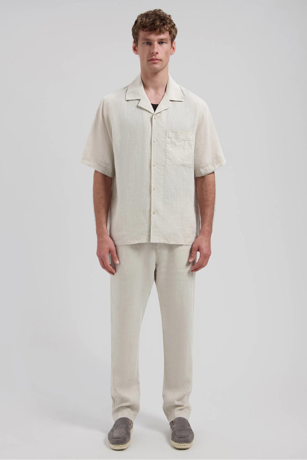 Ecru heren Dstrezzed loose casual overhemd van linnen met effen, korte mouwen, reverskraag en knoopsluiting