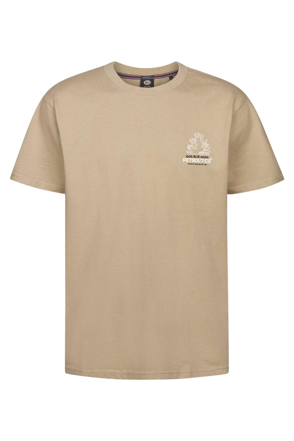 Beige heren Petrol Industries relaxed T-shirt van katoen met printopdruk, korte mouwen en ronde hals