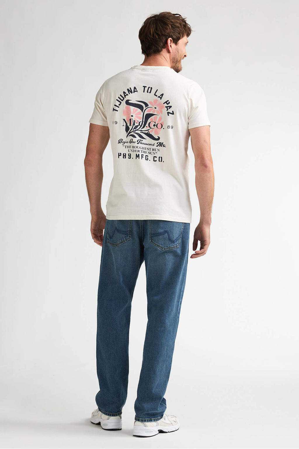 Ecru heren Petrol Industries regular T-shirt van katoen met backprint, korte mouwen en ronde hals