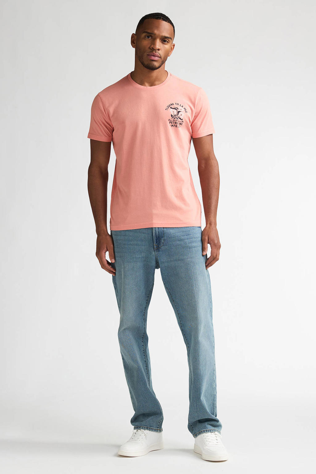 Roze heren Petrol Industries regular T-shirt van katoen met backprint, korte mouwen en ronde hals