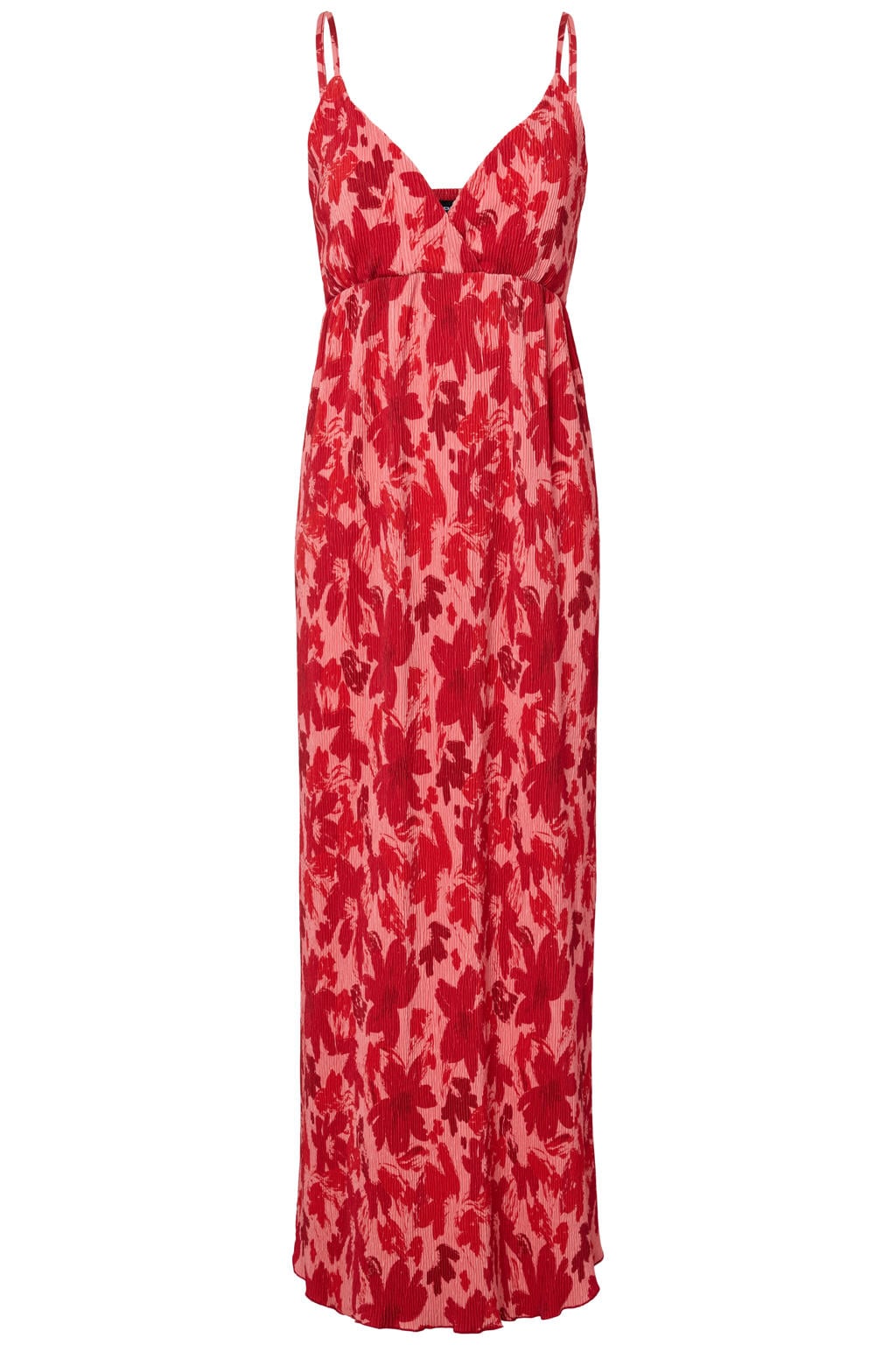 Rood en roze dames PIECES Curve gebloemde maxi jurk van polyester met spaghettibandjes en V-hals