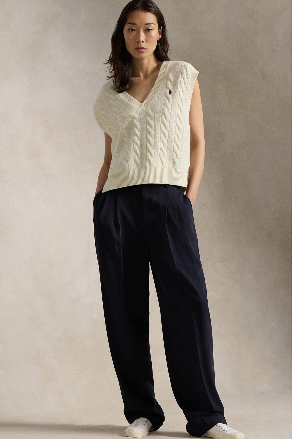 Ecru dames Polo Ralph Lauren spencer van wol met effen, korte mouwen en V-hals