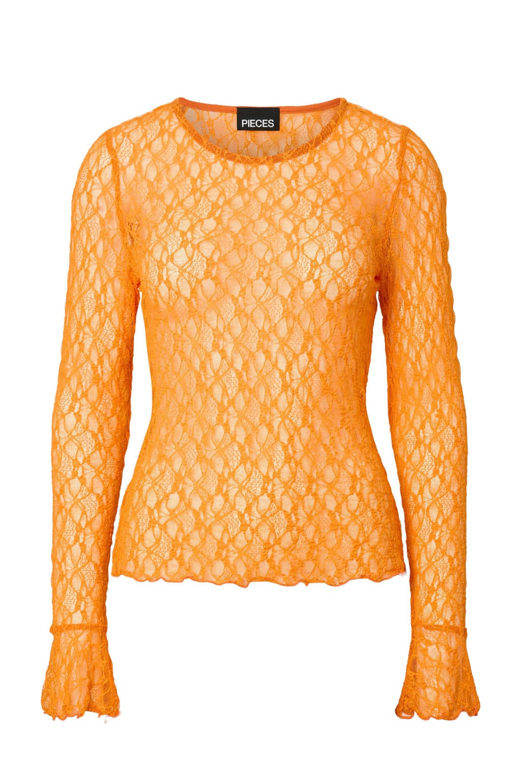 Oranje dames PIECES Curve top van nylon met effen, lange mouwen en ronde hals