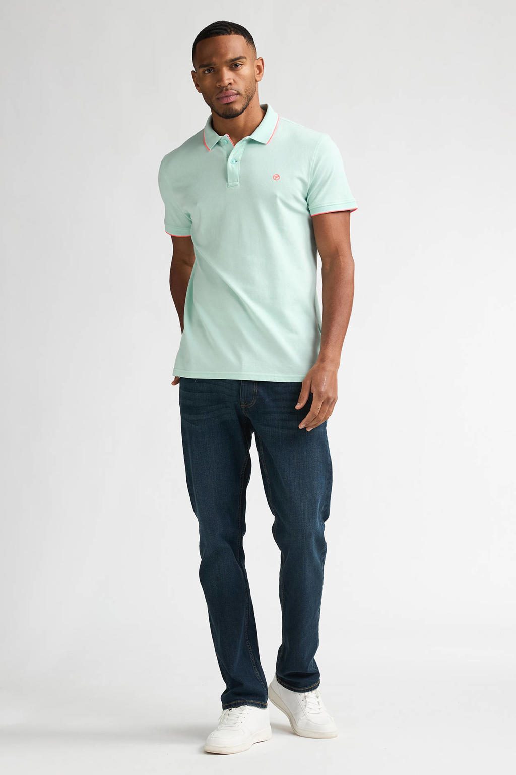 Turquoise heren Petrol Industries regular polo van stretchkatoen met effen, korte mouwen, knoopsluiting en pique