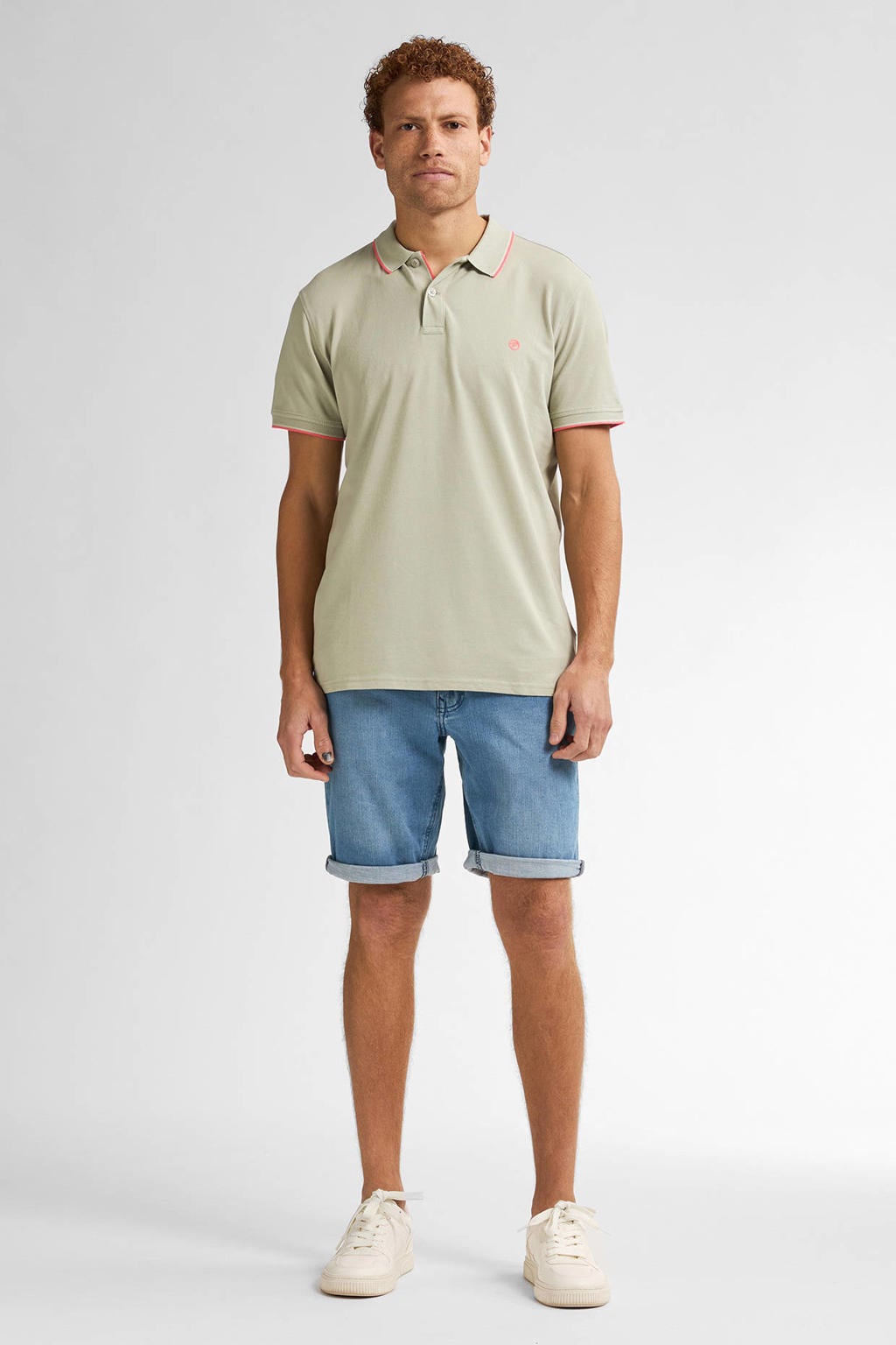 Beige heren Petrol Industries regular polo van stretchkatoen met effen, korte mouwen, knoopsluiting en pique
